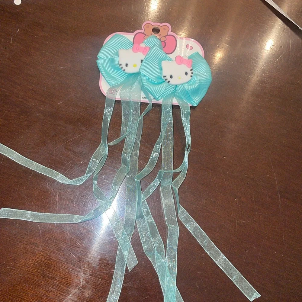 Hello Kitty mint green Hair Bows set of two clips with streaming ribbon nwt
